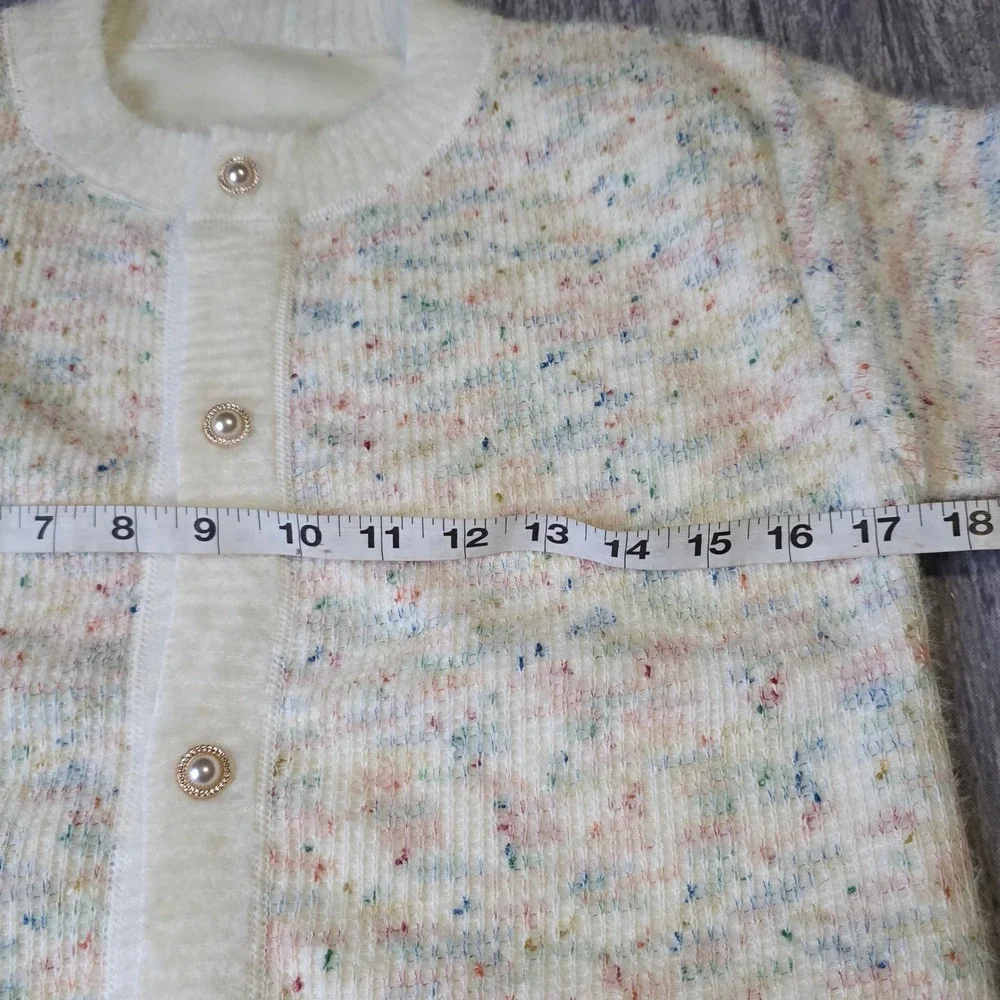 Cream Speckled Knit‎ Button Up Cardigan Pearl Buttons Cozy Academia